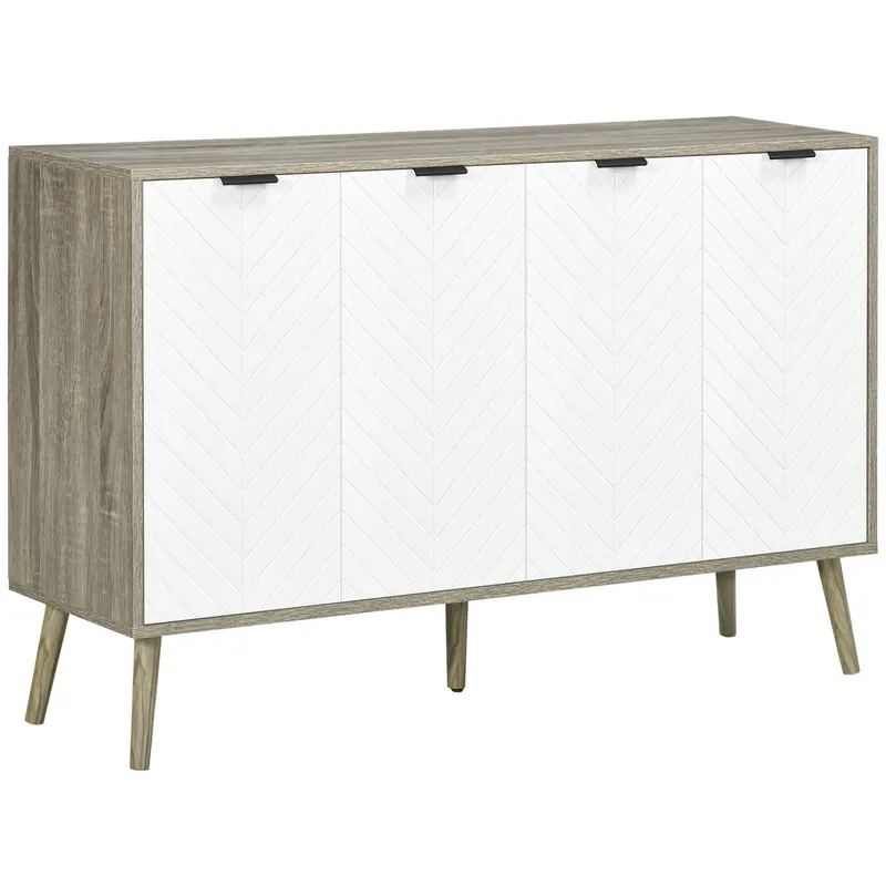 HOMCOM Bufet jos, mobilier de depozitare, 2 dulapuri, 4 uși, model chevron, polițe reglabile, 120 x 35 x 77,4 cm, alb și gri | Romania