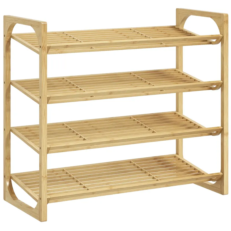 HOMCOM Etajeră pentru pantofi cu 4 niveluri, depozitare 12 perechi cu design cu lamele, bambus, 76x33x67cm, lemn natural | Romania