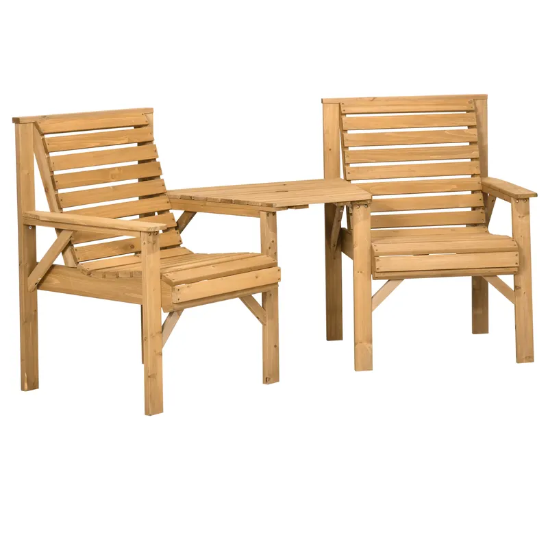 Outsunny Set bistro 3 piese din lemn rezistent la intemperii, set mobilier de grădină cu design cu lamele, orificiu pentru umbrelă Maro | Romania