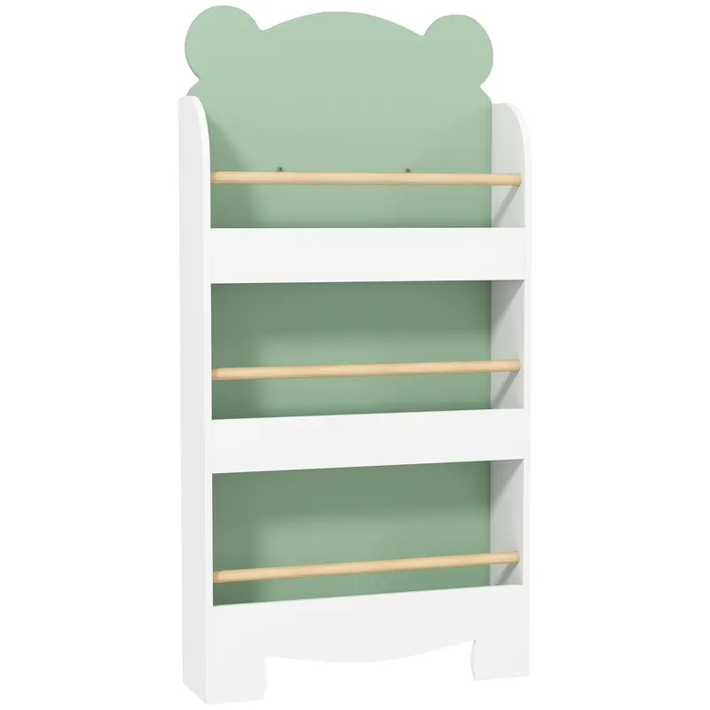 AIYAPLAY Raft pentru cărți copii, raft pentru copii cu 3 niveluri cu temă urs pentru cărți și jucării, 55 x 15 x 110 cm, Verde | Romania