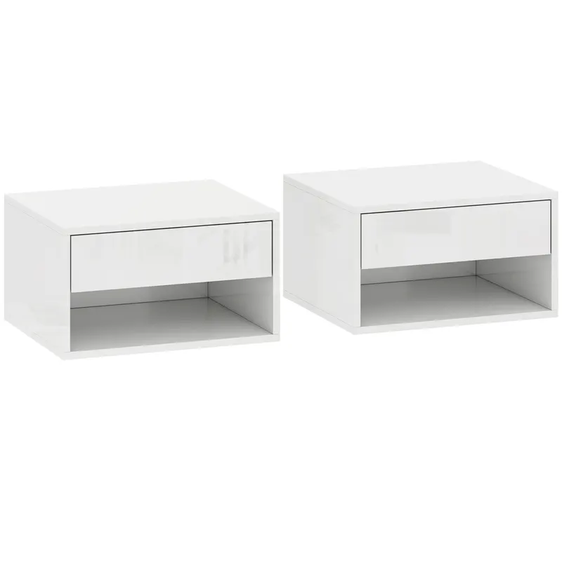 HOMCOM Set de 2 noptiere murale, noptiere, sertar, compartiment deschis, blat, 37 x 32 x 21 cm, alb | Romania