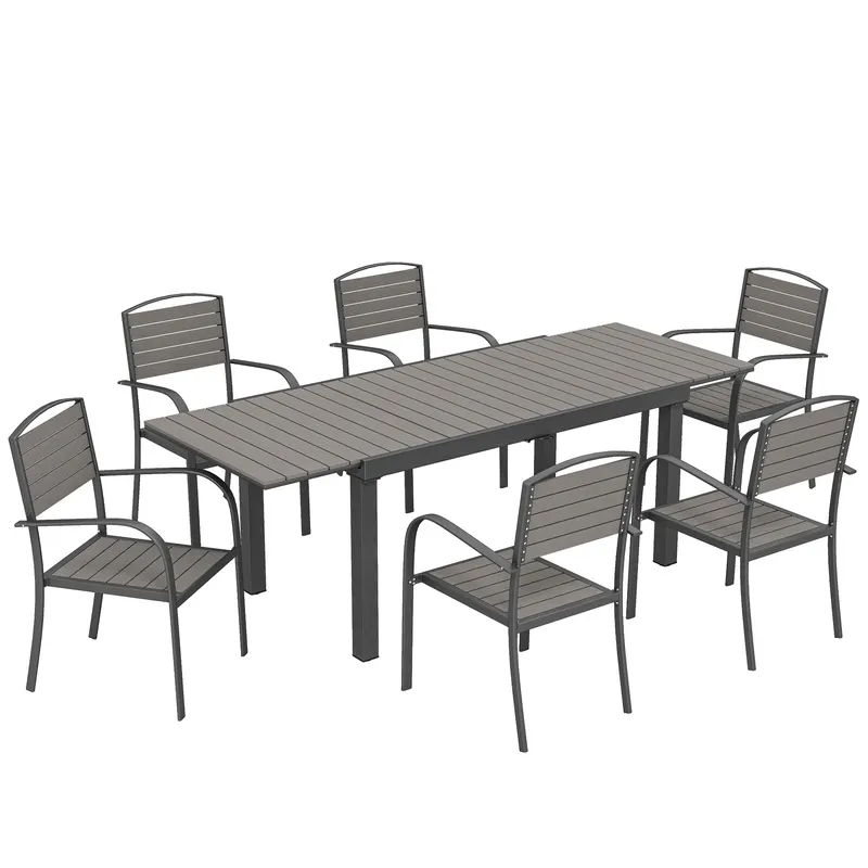 Outsunny Set mobilier grădină 7 piese Masă extensibilă cu 6 scaune Design lamele aspect lemn Cadru aluminiu | Romania
