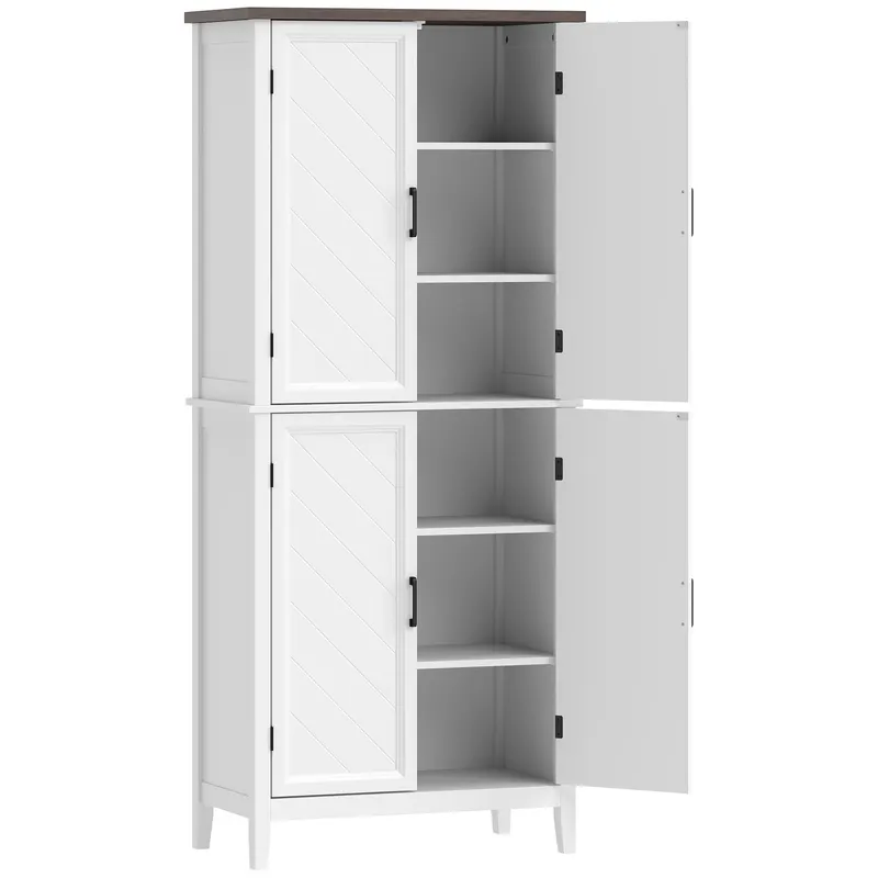HOMCOM Bufet înalt bucătărie 6 nivele, dulap de bucătărie, 4 uși cu model chevron și 4 rafturi reglabile, 76x40x178,5cm, alb | Romania