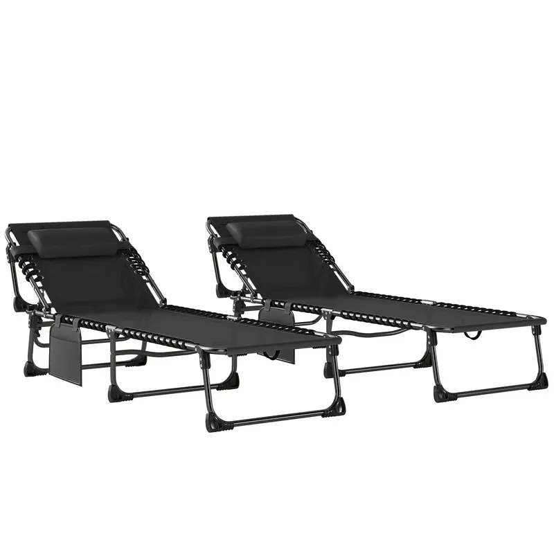 Outsunny Set de 2 Șezlonguri de Grădină Pliabile, Reglabile pe 5 Niveluri, cu Perne, Șezlonguri Textilenă cu Buzunar Lateral, Mâner, pentru Plajă, Piscină, 57x200x38 cm, Negru | Romania