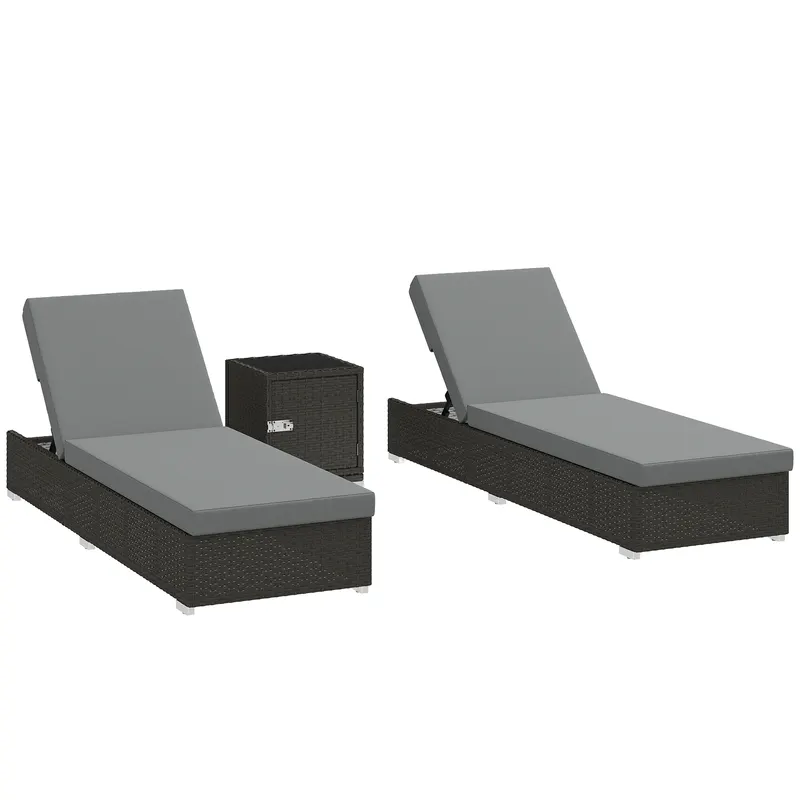 Outsunny Set 2 Șezlonguri de Grădină din Ratan cu Măsuță Laterală și Spătar Reglabil, 184x60x22 cm, Gri Închis | Romania