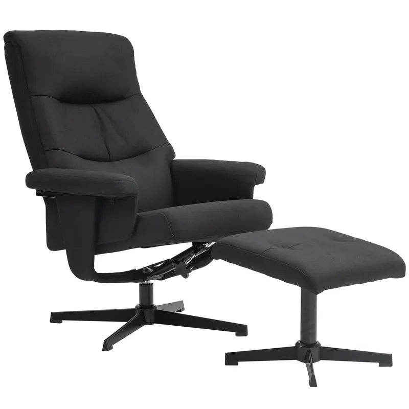 HOMCOM Fotoliu rabatabil cu taburet, rotativ, funcție de legănare, aspect catifelat, până la 150 kg, Negru | Romania