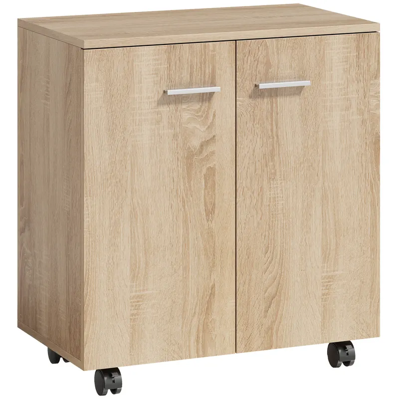 HOMCOM Bufet de living cu roți 2 uși și rafturi pentru living, dormitor, birou 60x35x65 cm Natural | Romania