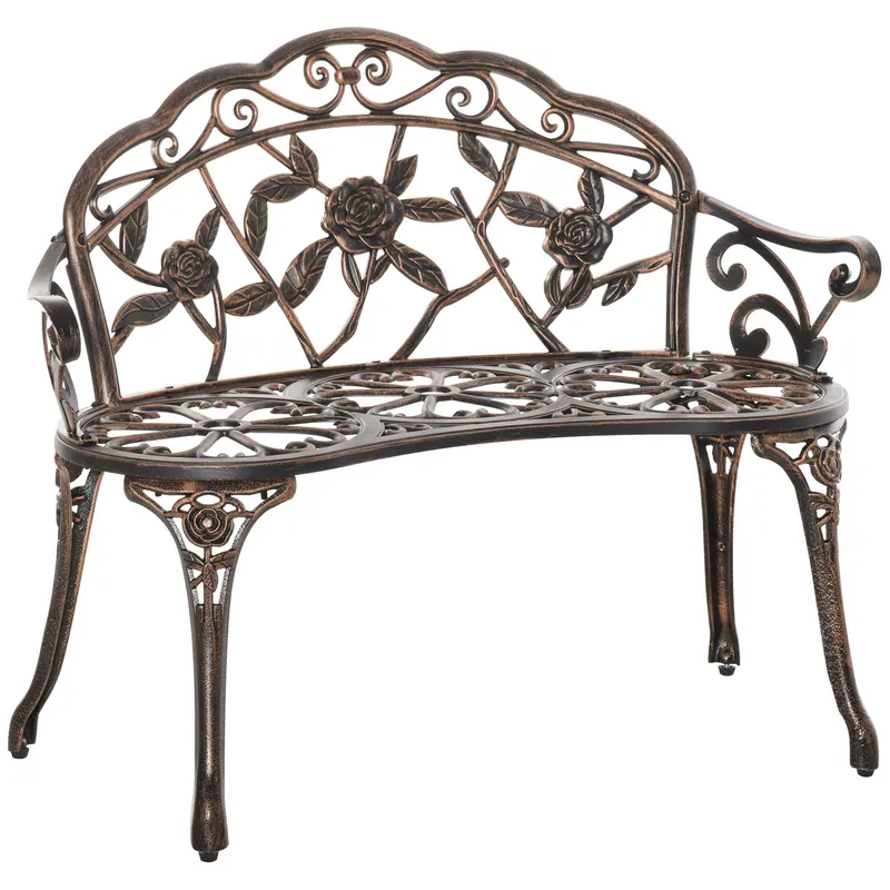 Outsunny Bancă de grădină 2 locuri din metal, bancă în stil retro, bancă de parc cu model floral 100 x 54 x 78 cm, Bronz | Romania