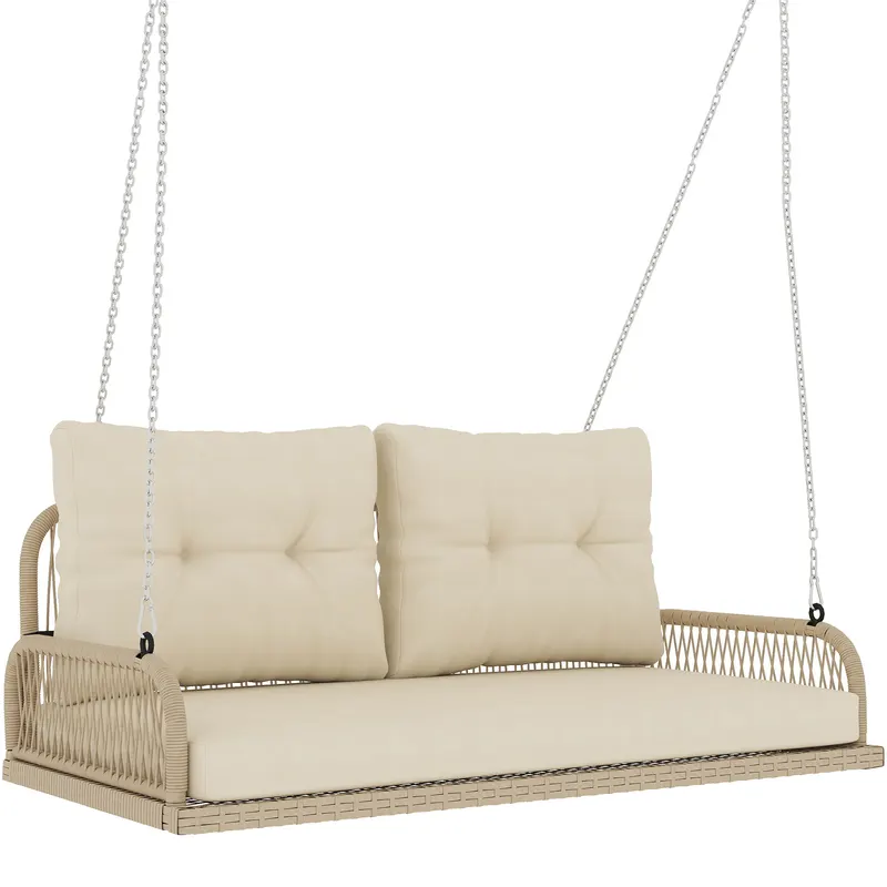 Outsunny Balansoar Hollywood 2 locuri din ratan, leagăn de grădină cu perne și lanțuri, până la 240 kg 115 x 66 x 44 cm Bej | Romania