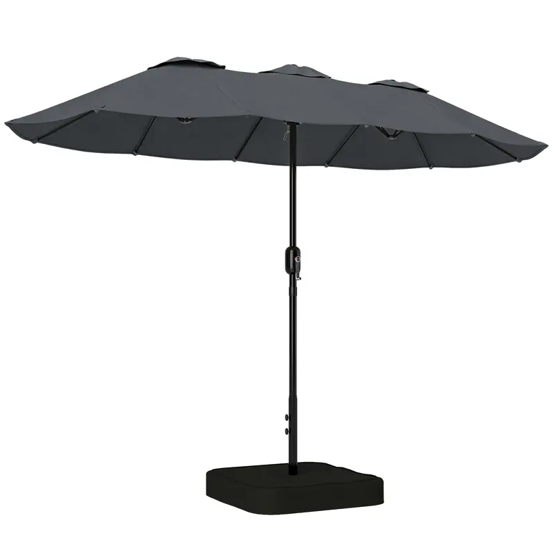 Outsunny Umbrelă Dublă cu 12 Spițe, Manivelă, Bază Metalică și Saci de Nisip, din Metal și Poliester, 3x1.5 m, Gri Închis | Romania