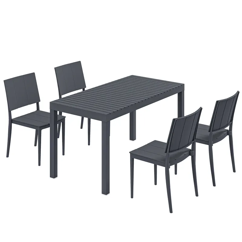 Outsunny Set mobilier de grădină, grup de scaune 5 piese, masă lată cu 4 scaune stivuibile, design lamelar pentru 4 persoane, gri închis | Romania