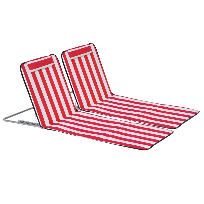 Outsunny Set 2 Șezlonguri de Plajă cu Spătar Reglabil în 5 Poziții, Tetieră și Geantă de Transport, 124x53x45 cm, Roșu | Romania