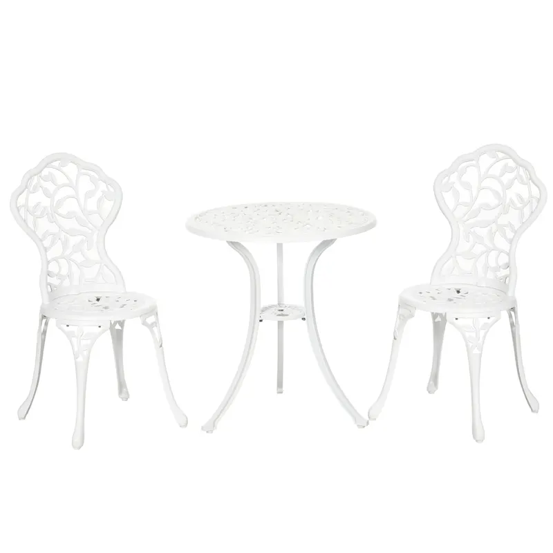 Outsunny Set pentru gradina 3 bucati din aluminiu alb cu design floral, 2 scaune pentru exterior 45x42x85.5 cm si masa rotunda Ø61x66.5 cm | RO