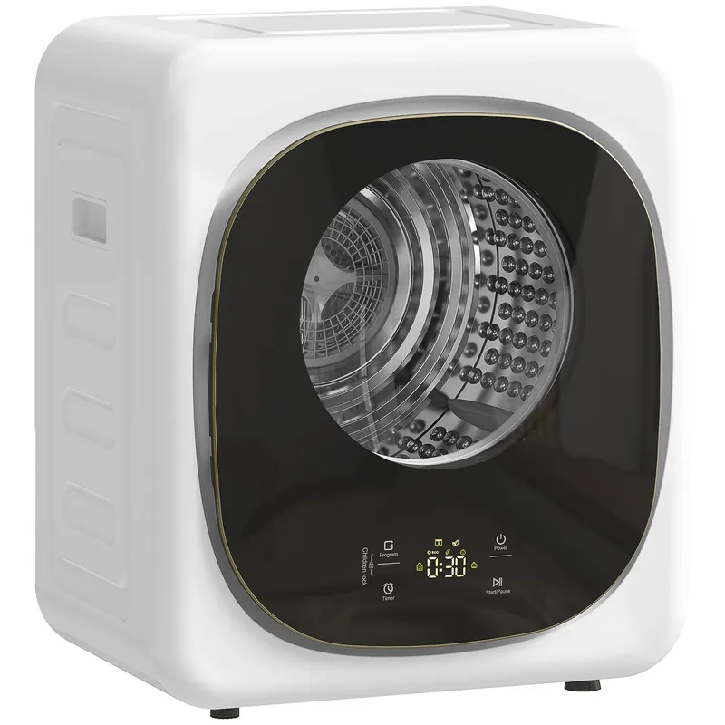 HOMCOM Mini Uscător de Rufe Portabil 4 kg, 5 Programe, 800W, Până la 60℃, Timer, Tambur Oțel Inoxidabil, Casă, Alb | Romania