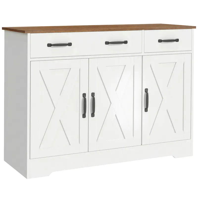 HOMCOM Bufet de bucătărie, mobilier de depozitare cu 3 uși tip hambar, 2 sertare și rafturi reglabile, 108 x 40 x 81 cm, alb | Romania