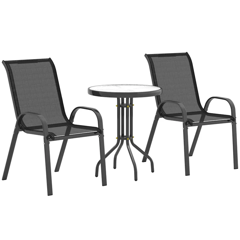 Outsunny Set Mobilier de Grădină din 3 Piese cu Scaune Suprapozabile și Masă din Sticlă, 54x71x93 cm, Gri Închis | Romania
