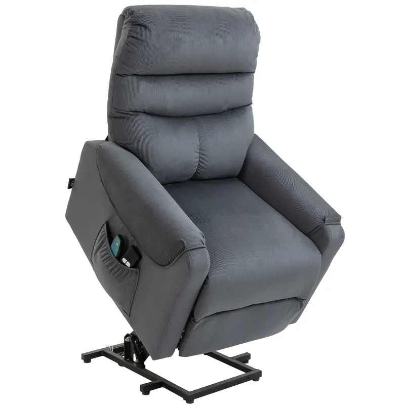 HOMCOM Fotoliu TV cu funcție de ridicare electrică, fotoliu de masaj reclinabil cu încălzire, fotoliu relax cu telecomandă și buzunar lateral, reglabil, țesătură din poliester, gri închis | Romania