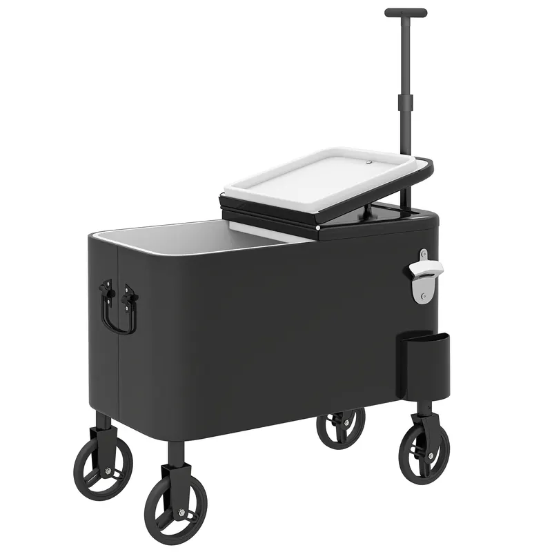 Outsunny Cărucior frigorific 56L cu roți mâner reglabil deschizător colector de capace scurgere și mâner 75x35x120 cm Negru | Romania