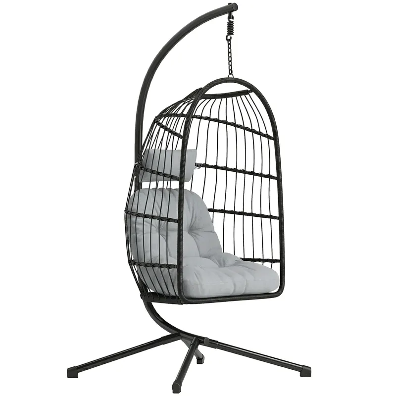 Outsunny Scaun Suspendat Tip Ou, Leagăn pentru Exterior cu Suport și Centură de Siguranță, Negru/Gri Deschis | Romania