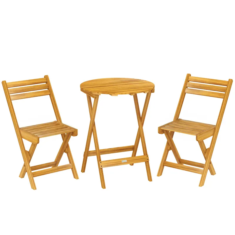 Outsunny Set bistro pliant 3 piese din lemn de acacia cu masă rotundă și 2 scaune, fără asamblare, 60x60x75cm, Natural | Romania