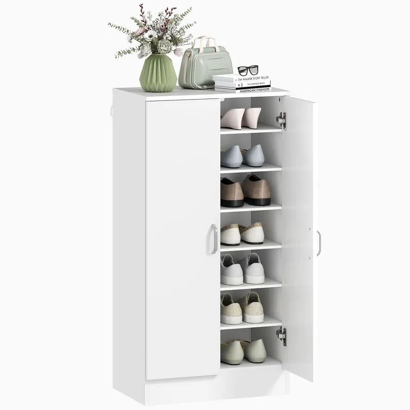 HOMCOM Raft de pantofi cu balamale Soft-Close, rafturi reglabile, dulap de 6 nivele pentru hol, intrare, pentru 14 perechi, 55 x 35 x 108 cm, placaj, Alb | Romania