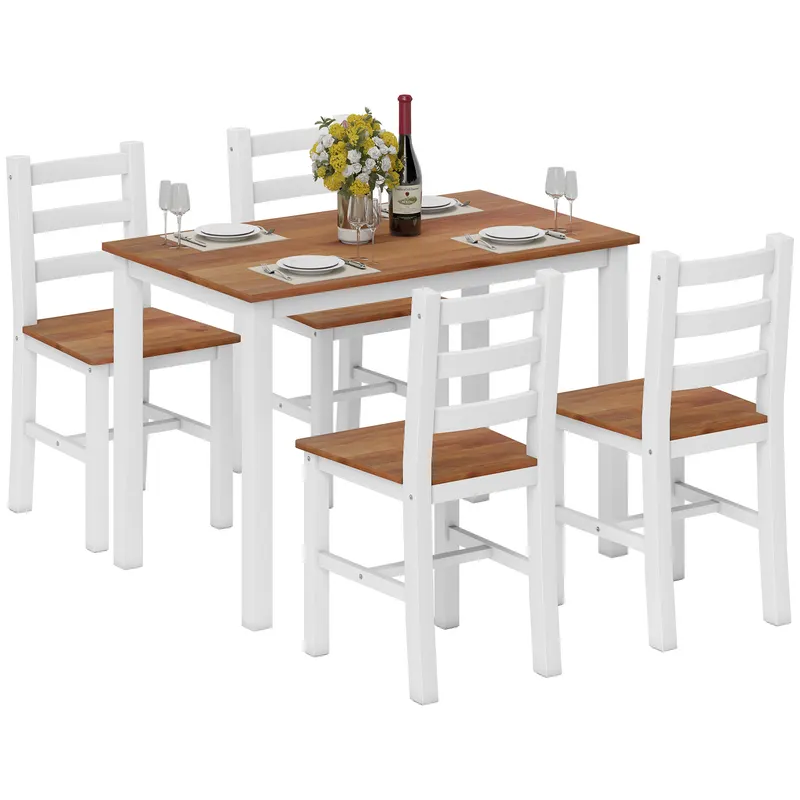 HOMCOM Set de masă, masă de cină, 4 scaune, set de dining, pin, maro + alb | Romania