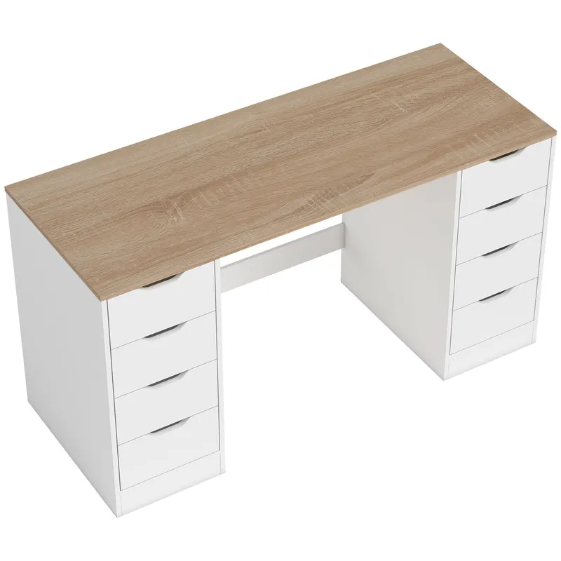 HOMCOM Birou de 140 cm pentru calculator, 8 sertare, birou pentru homeoffice, dormitor, oțel, lemn, alb | Romania