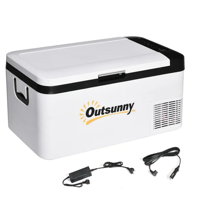 Outsunny Frigider Portabil Electric 18L 12/24V până la -20℃ Frigider și Congelator de Compresor pentru Mașină cu Lumină LED și Mânere Pliabile Consum Redus de Energie pentru Acasă Camping 58,5x33,5x29,2 cm Alb | Romania