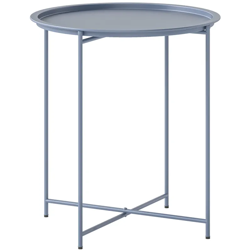 Outsunny Măsuță Rotundă Măsuță de Supliment Blat Detașabil cu Margine Ridicată Picioare Pliabile din Metal Ø46x50cm Albastru-Gri | Romania