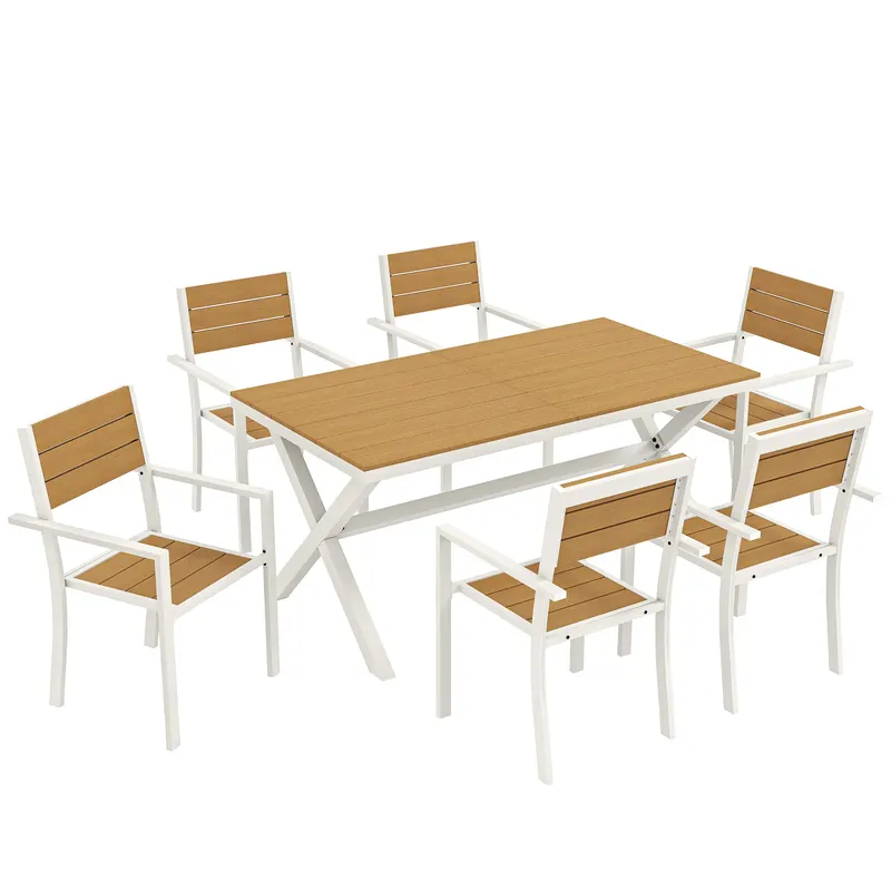Outsunny Set Masă și Scaune de Grădină 7 Piese, Set Prânz Exterior din Aluminiu cu 6 Scaune Stivuibile, Masă cu Șipci Imitatie Lemn, pentru Terasă, Balcon, Patio, Teak | Romania