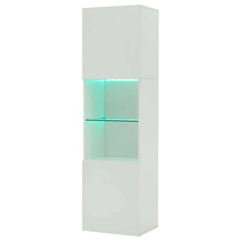 Vitrină lucioasă cu iluminare LED, 1 raft de sticlă, 45x35x160 cm, Alb