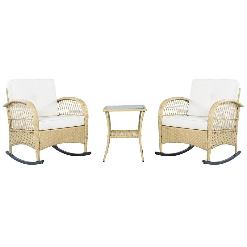 Set de mobilier din rattan pentru balcon (3 piese), 2 scaune balansoar confortabile cu spătar înalt, 80x76x86 cm, Bej