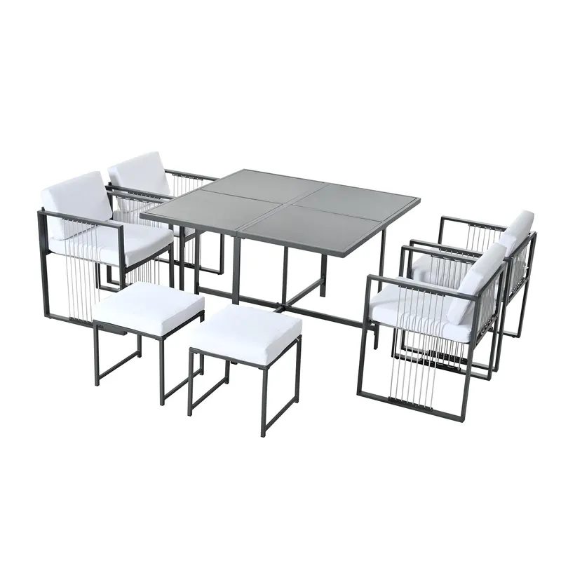 Set de grădină 7 piese pentru 6 persoane, masă din sticlă securizată, 4 scaune împletite și 2 taburete pentru picioare, Negru+Alb