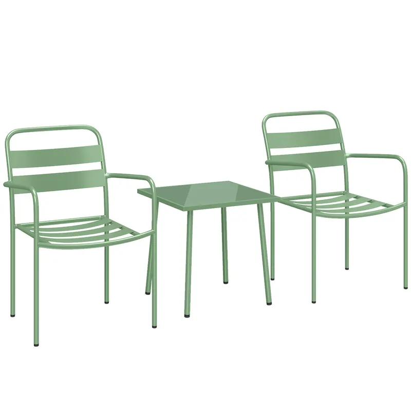 Outsunny Set bistro de grădină 3 piese - masă cu blat din sticlă securizată și 2 scaune cu șipci, cadru din oțel galvanizat, verde | Romania