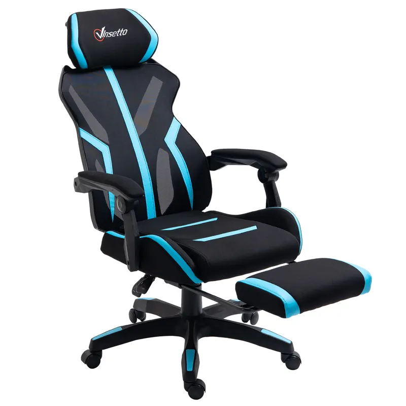 Vinsetto Scaun Gaming cu Suport pentru Picior Retractabil Scaun de Birou Rotativ Inclinabil cu Suport de Cap și Înălțime Reglabilă 65x65x119-129 cm Negru și Albastru | Romania