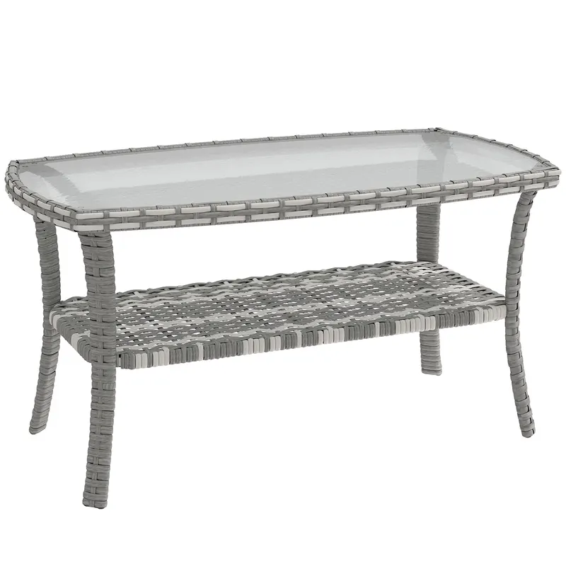 Outsunny Masă de grădină exterioară dreptunghiulară din ratan cu raft blat din sticlă securizată cu model ondulat 90x50x45 cm Gri închis | Romania