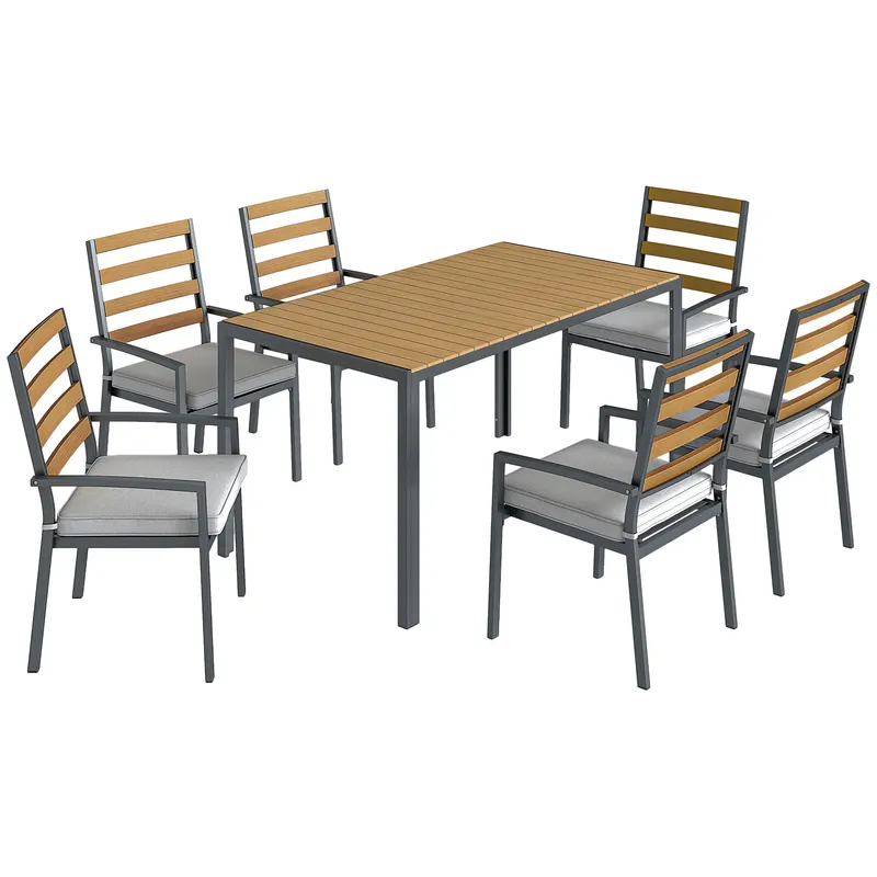 Outsunny Set mobilier grădină 7 piese, set cu 1 masă de dining, 6 scaune, perne, pentru terasă, lemn natural | Romania