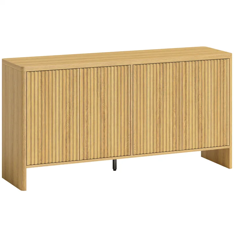 HOMCOM Bufet living, mobilier de depozitare cu 4 uși canelate, raft reglabil, deschidere prin apăsare, 147x40x77cm, stejar | Romania