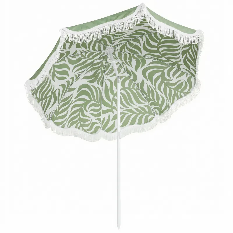 Outsunny Umbrelă de Plajă cu Franjuri Ø180 cm Înălțime Reglabilă Înclinare Ancoraj Nisip și Geantă de Transport UPF30+ Verde | Romania