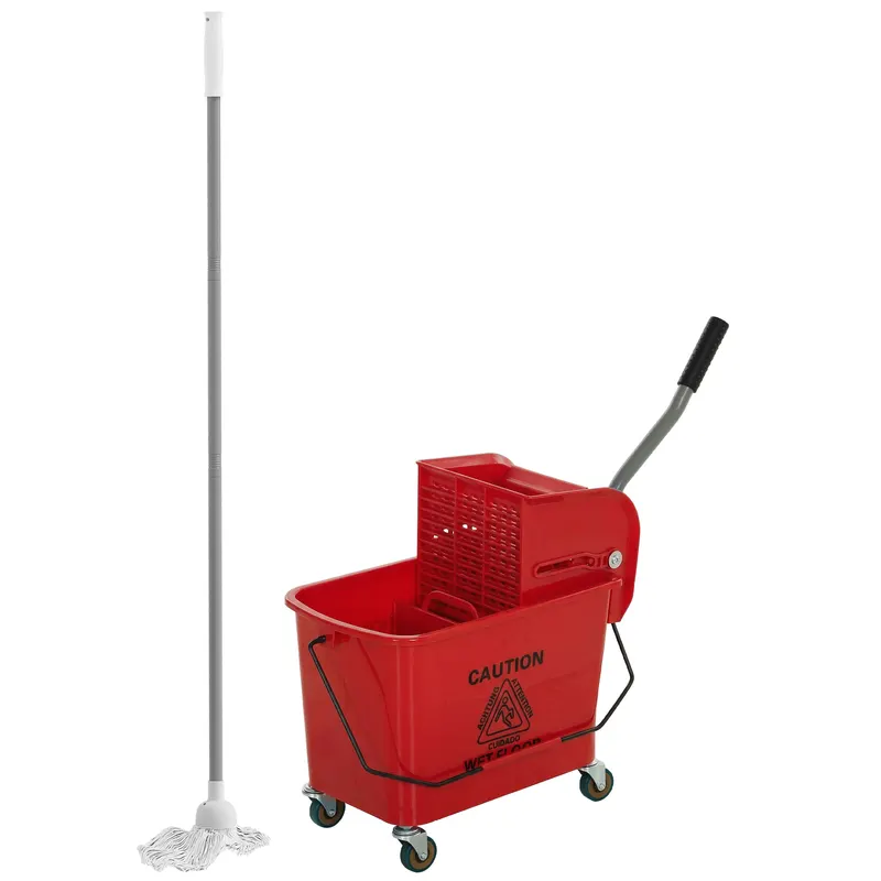 HOMCOM Găleată de mop cu stoarcător, panou separator și roți, capacitate 20 L pentru curățenie casnică 45x26,5x70 cm roșu | Romania