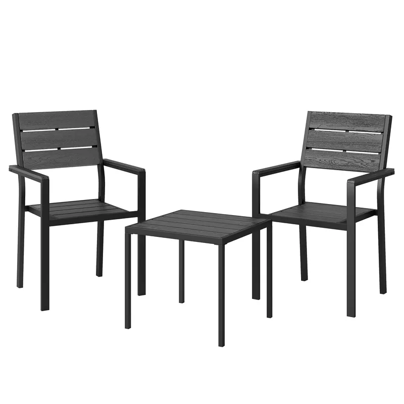 Outsunny Set bistro de grădină 3 piese masă bistro cu 2 scaune, design lamele, aspect lemn, blat HDPE rezistent la rugină | Romania
