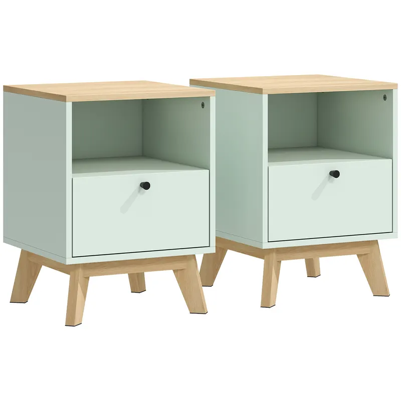 HOMCOM Set de 2 noptiere, noptiere cu sertar și compartiment deschis, 40 x 40 x 55 cm, stejar și verde deschis | Romania