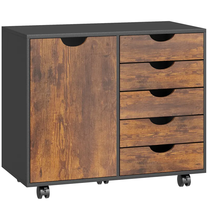 HOMCOM Mobilier de depozitare pentru birou 5 sertare 1 ușă poliță reglabilă, suport imprimantă pe roți, 78x40x66,5 cm, maro | Romania