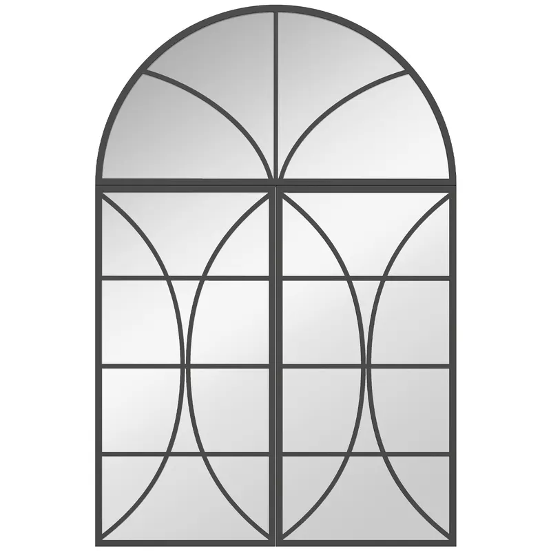 HOMCOM Oglindă de perete arcuită 80 x 120 cm, set de 3 bucăți, oglindă tip vitraliu în formă de fereastră, sticlă securizată și metal, negru | Romania