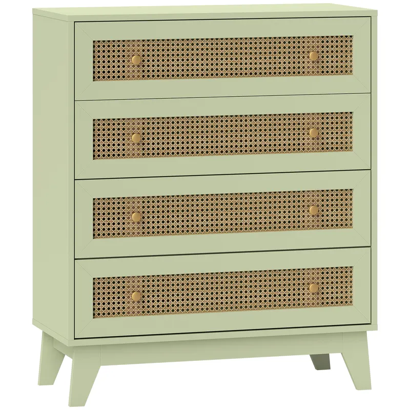 HOMCOM Comodă 4 sertare mobilier de depozitare cannage din ratan aspect lemn deschis 80 x 35 x 95 cm verde | Romania