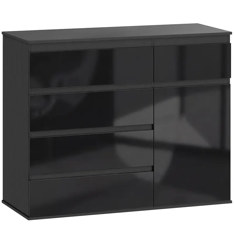 HOMCOM Sideboard modern, sideboard de depozitare cu 5 sertare, raft reglabil, ușă Soft-Close, negru lucios | Romania
