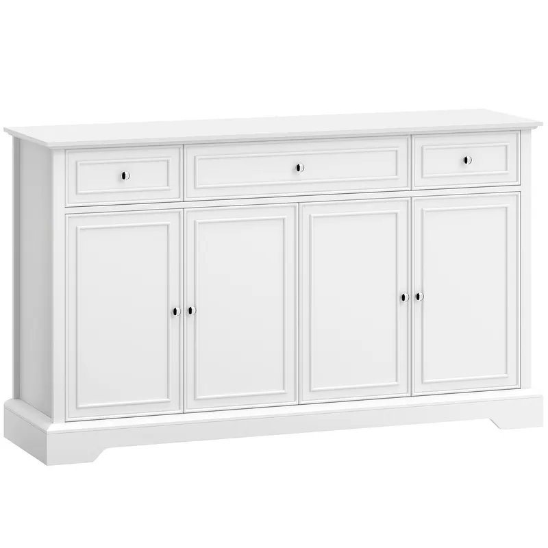 HOMCOM Bufet de living, mobilier de depozitare cu 3 sertare, 4 uși cu închidere silențioasă și etajere reglabile, alb | Romania