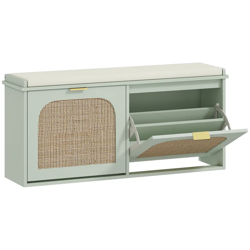 HOMCOM Bancă pentru încălțăminte, banc de depozitare, șezut căptușit, sertare rabatabile, ușă din ratan, 104 x 26 x 47,5 cm, verde | Romania