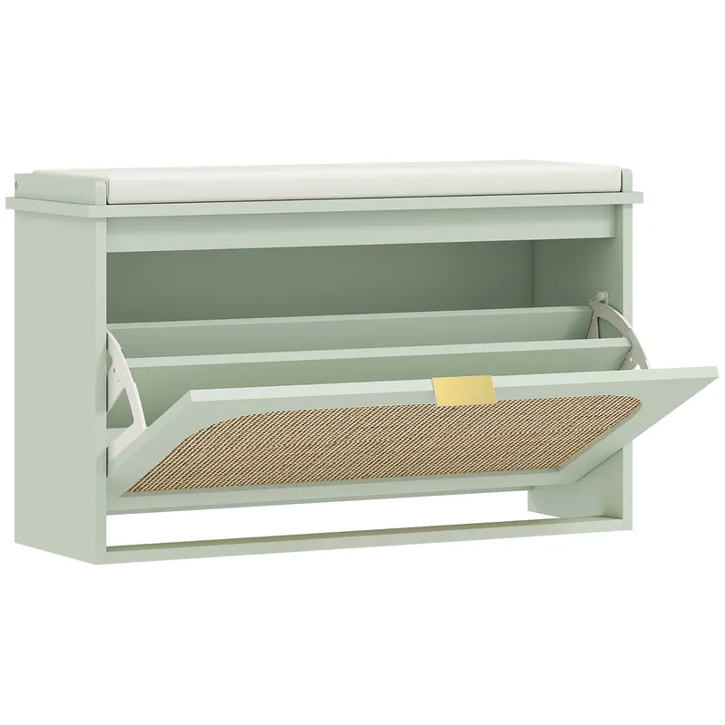 HOMCOM Banc pentru pantofi, banc de depozitare, șezut căptușit, sertar rabatabil, ușă din ratan, 80 x 26 x 47,5 cm, verde | Romania