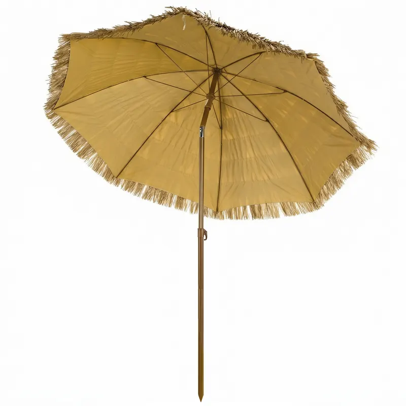 Outsunny Umbrelă de plajă cu franjuri din paie Ø178 cm cu înclinare înălțime reglabilă UV50+ husă de transport Maro Deschis | Romania